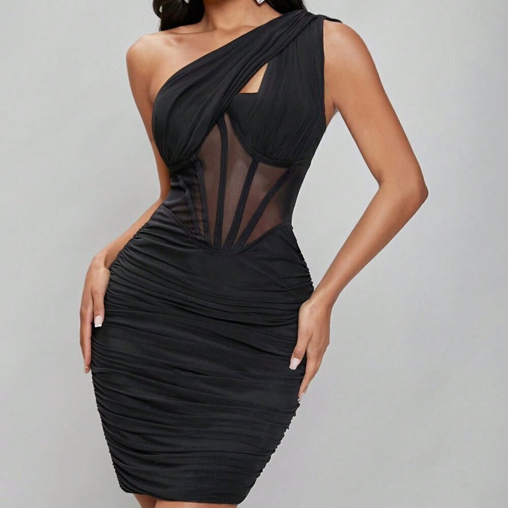 Black Sexy Women's One Shoulder Ruched Mesh Panel mini Dress